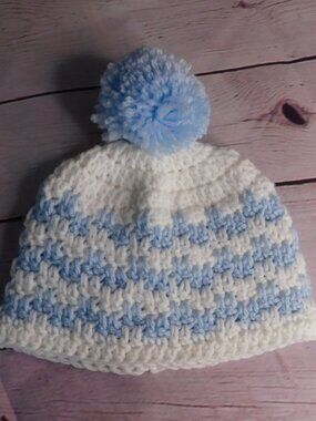 Crochet Blue Baby Hat with Pom Pom, Newborn Photo Prop (0-3 Months)